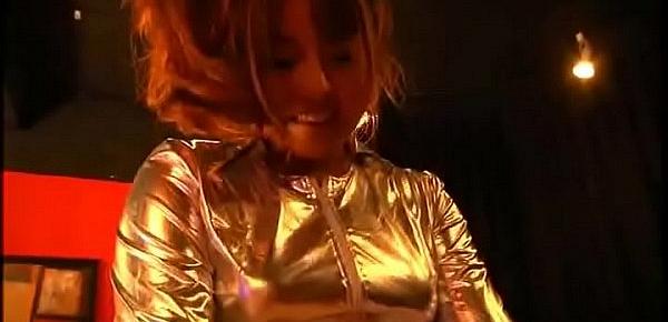  Escort girl in shiny outfit pegging business man